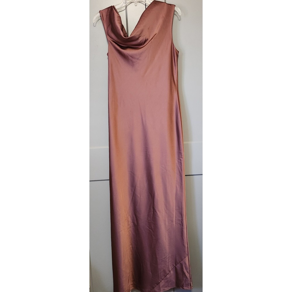 New After Six One-Shoulder Draped Cowl-Neck Maxi Dress style 6912 Cognac Gown - Picture 3 of 8